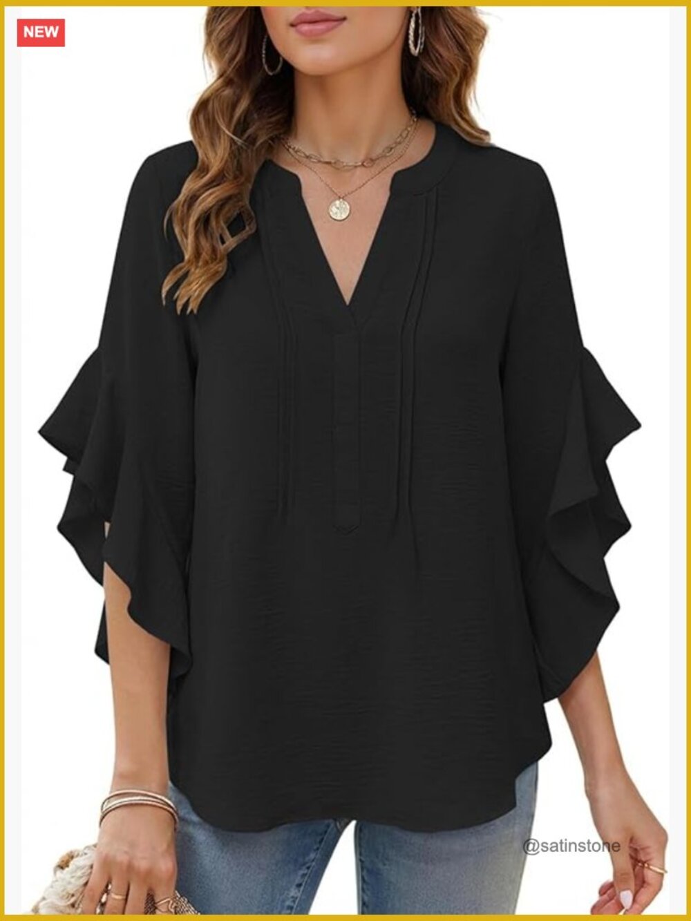 Dressy Casual Blouse 3/4 Sleeve V Neck Ruffle Tunic Top